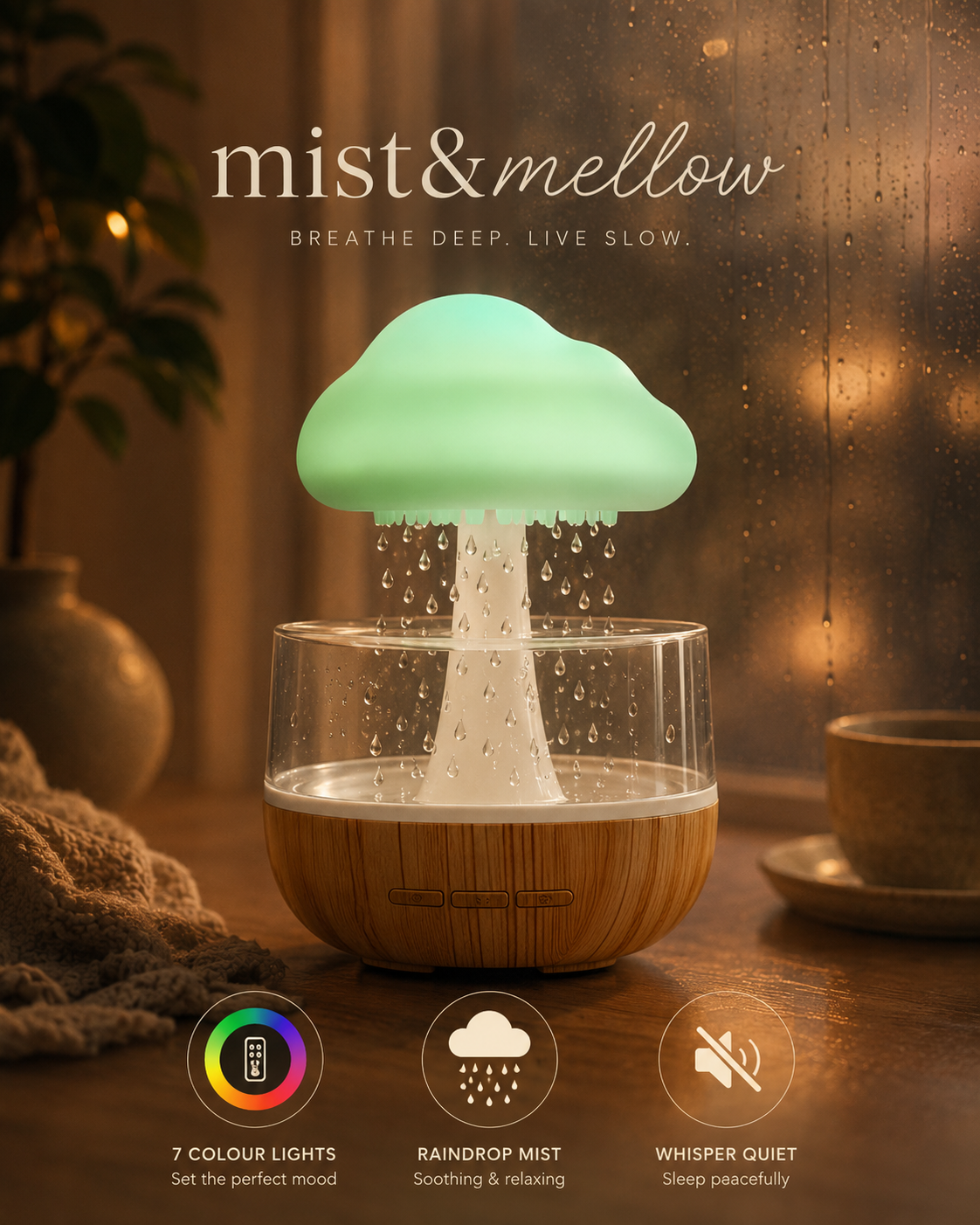 The Rain Cloud Diffuser — Essential Oil & Ambient Mist Lamp with 7-Color Night Light