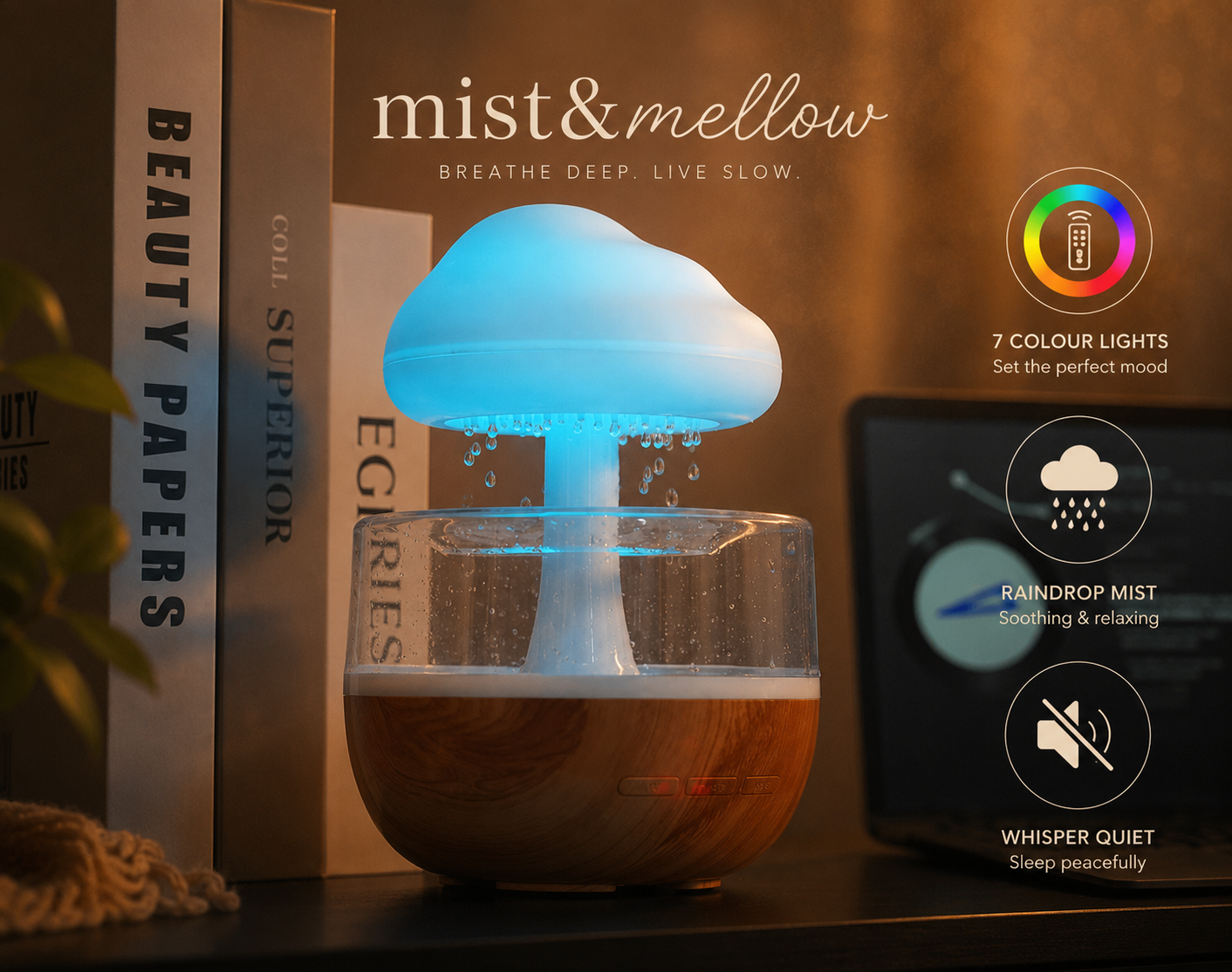 The Rain Cloud Diffuser — Essential Oil & Ambient Mist Lamp with 7-Color Night Light